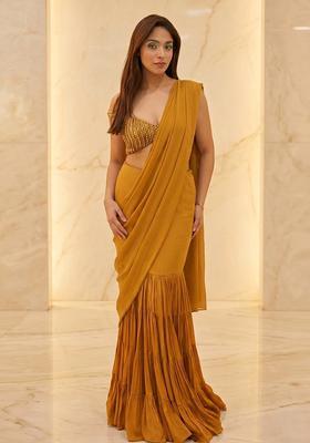 Mustard Embroidered Handwork Pre Draped Saree Set