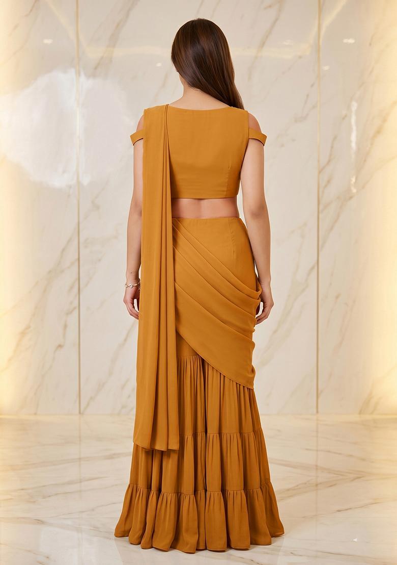 Mustard Embroidered Handwork Pre Draped Saree Set - Indya