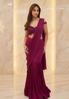 Magenta Embroidered Handwork Pre Draped Saree Set