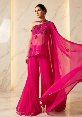 Hot Pink Embroidered Handwork Fusion Set