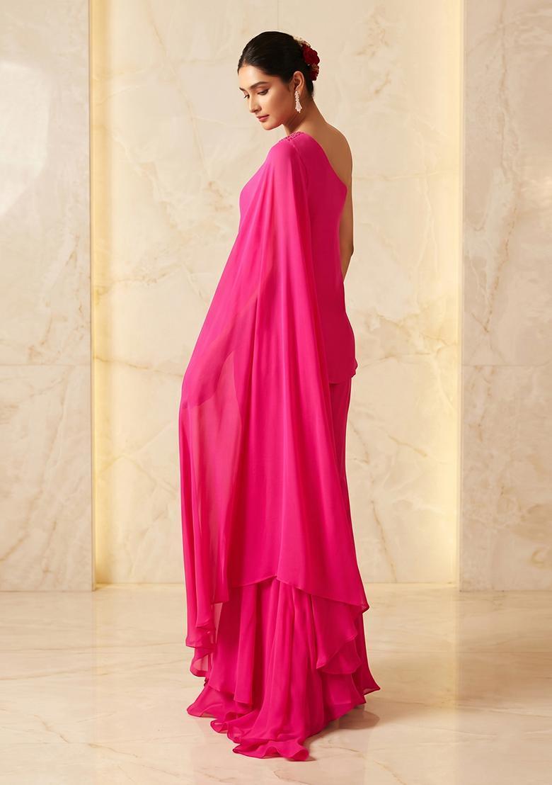 Hot Pink Embroidered Handwork Fusion Set - Indya