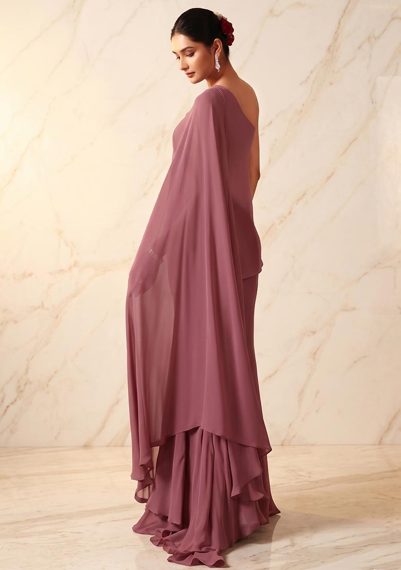 Mauve Embroidered Handwork Fusion Set - Indya