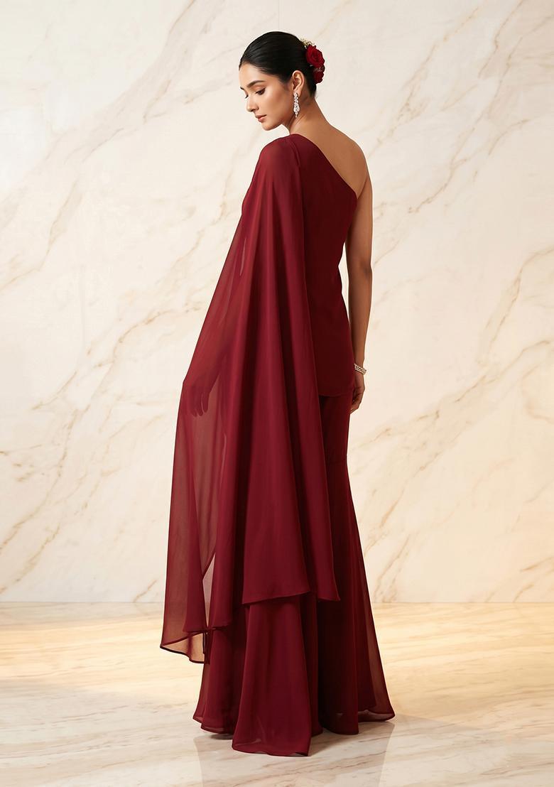 Deep Red Embroidered Handwork Fusion Set - Indya