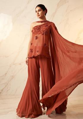 Peach Embroidered Handwork Fusion Set