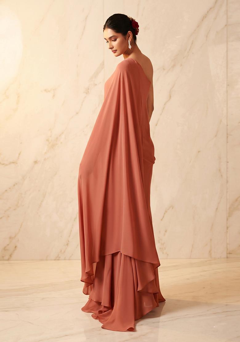 Peach Embroidered Handwork Fusion Set - Indya