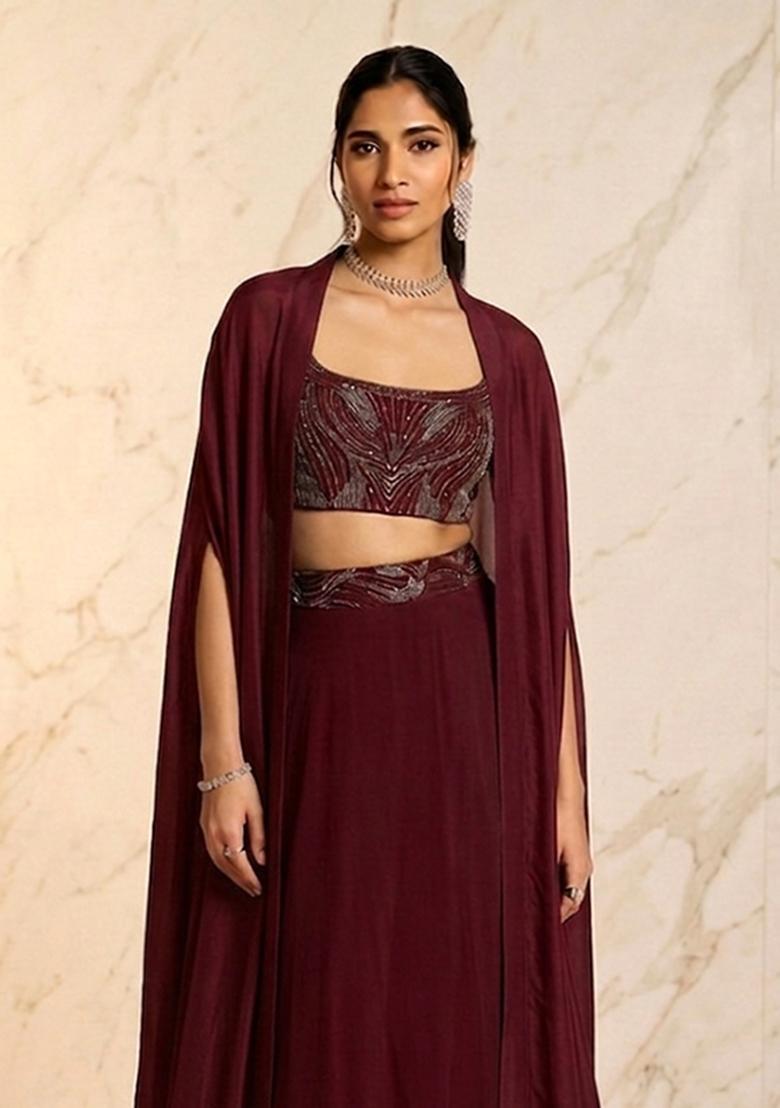 Wine Embroidered Handwork Lehenga Set - Indya