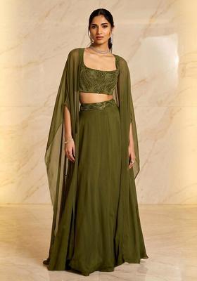 Olive Green Embroidered Handwork Lehenga Set