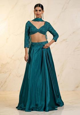 Teal Blue Embroidered Handwork Lehenga Set