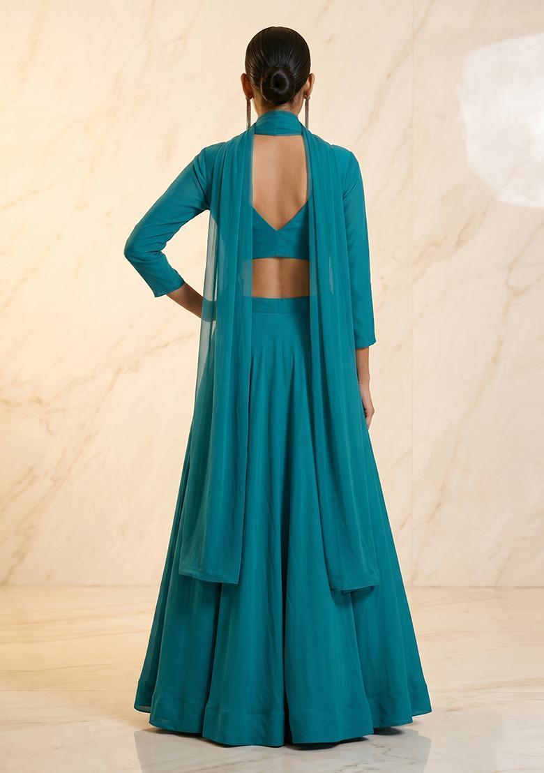 Teal Blue Embroidered Handwork Lehenga Set - Indya