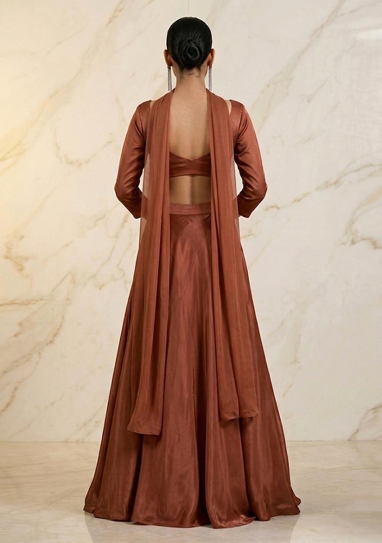 Brown Embroidered Handwork Lehenga Set - Indya