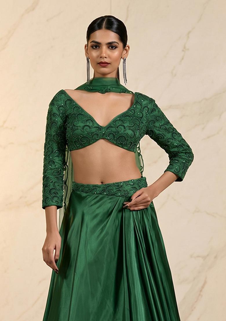 Bottle Green Embroidered Handwork Lehenga Set - Indya