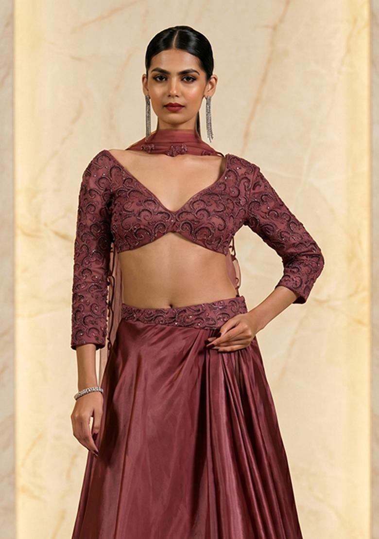 Mauve Embroidered Handwork Lehenga Set - Indya