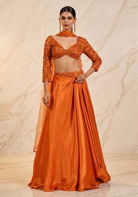 Orange Embroidered Handwork Lehenga Set
