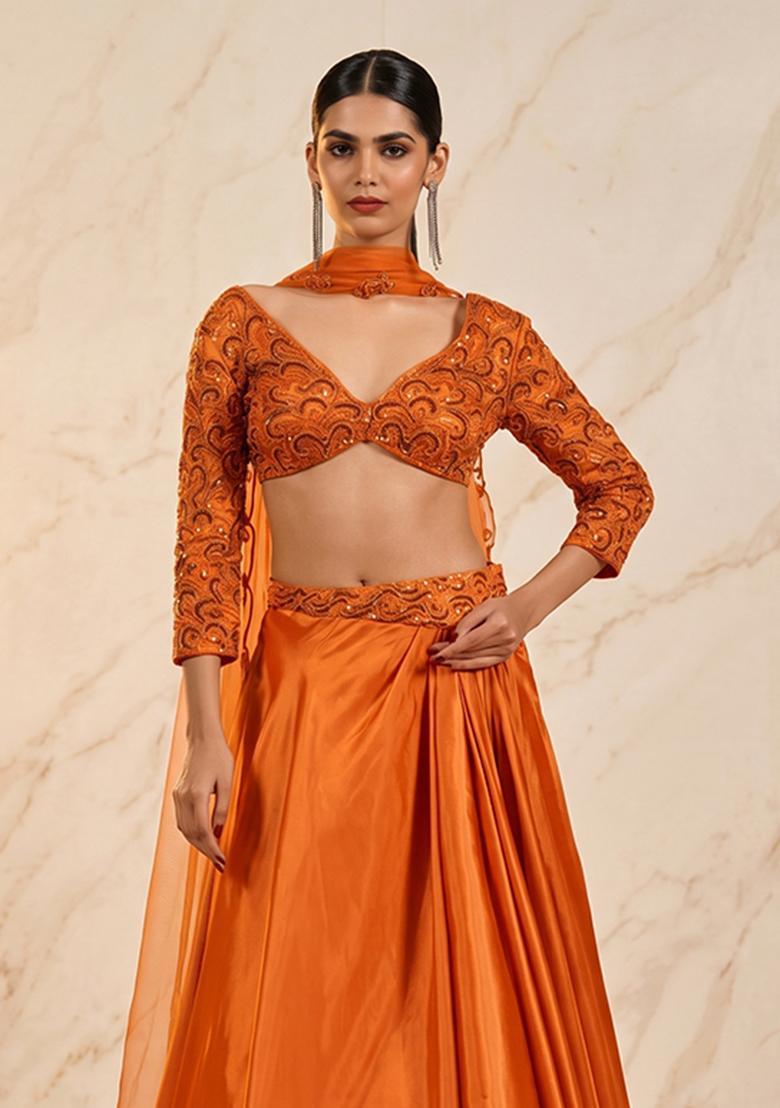 Orange Embroidered Handwork Lehenga Set - Indya