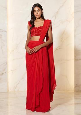 Red Embroidered Handwork Pre Draped Saree Set