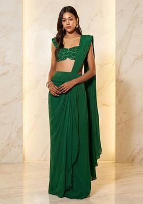 Bottle Green Embroidered Handwork Pre Draped Saree Set