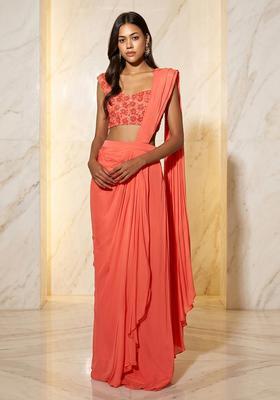 Coral Embroidered Handwork Pre Draped Saree Set