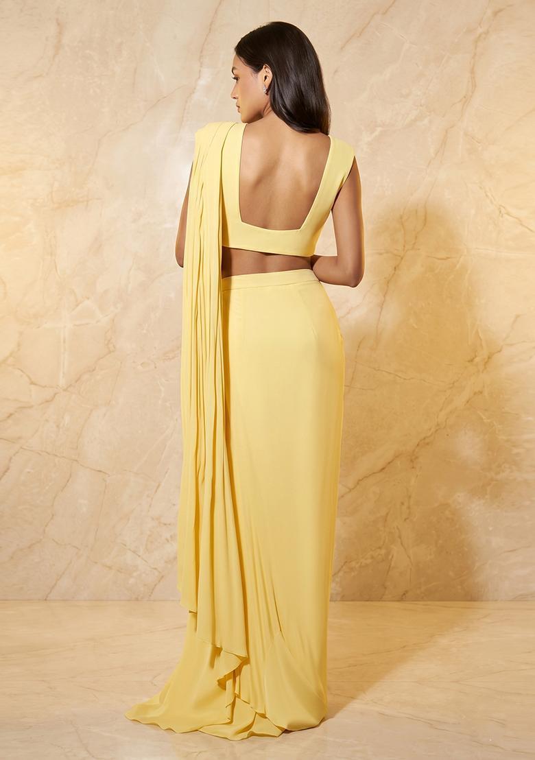 Pastel Yellow Embroidered Handwork Pre Draped Saree Set - Indya