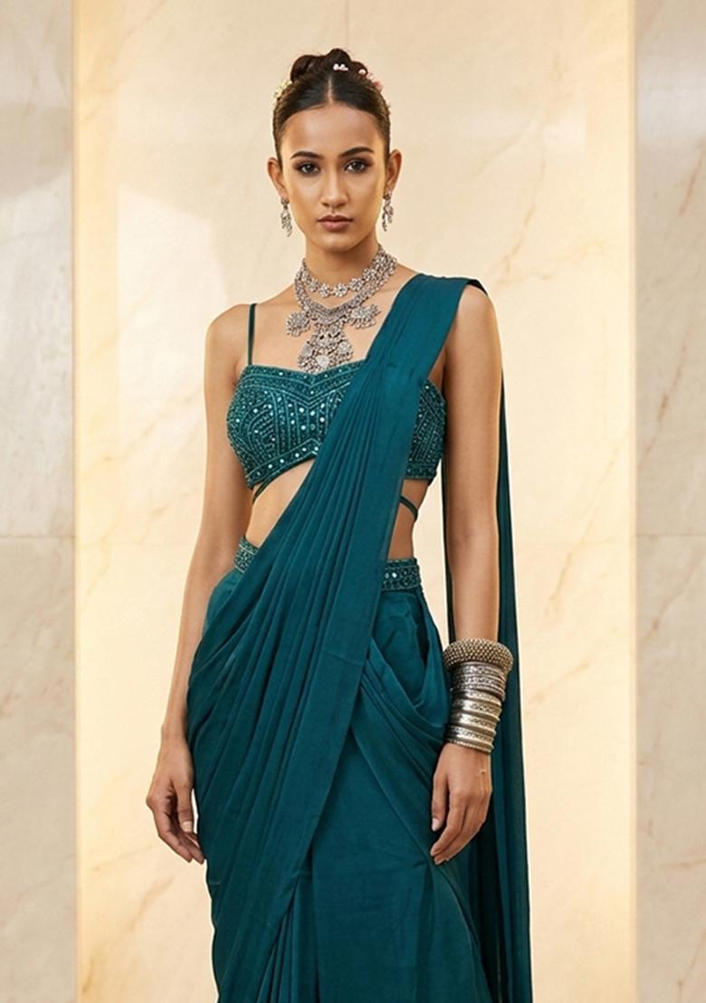 Deep Teal Blue Embroidered Handwork Pre Draped Saree Set - Indya