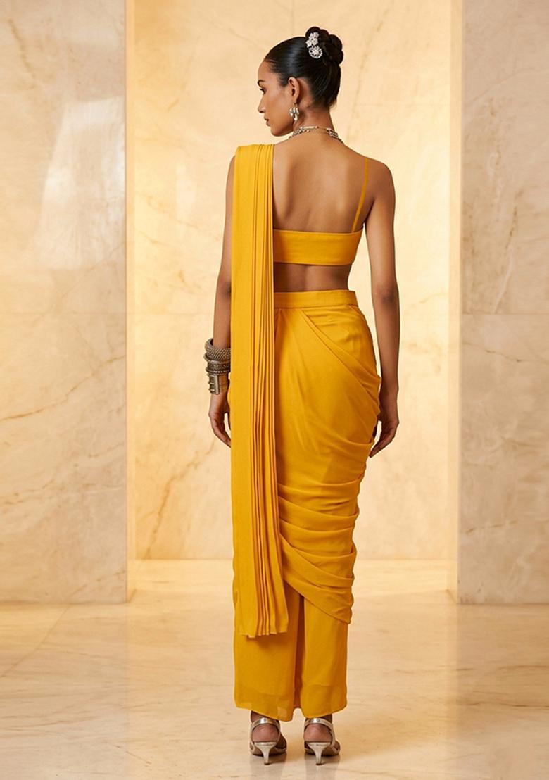 Yellow Embroidered Handwork Pre Draped Saree Set - Indya
