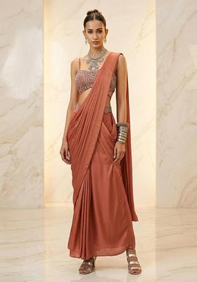 Mauve Embroidered Handwork Pre Draped Saree Set