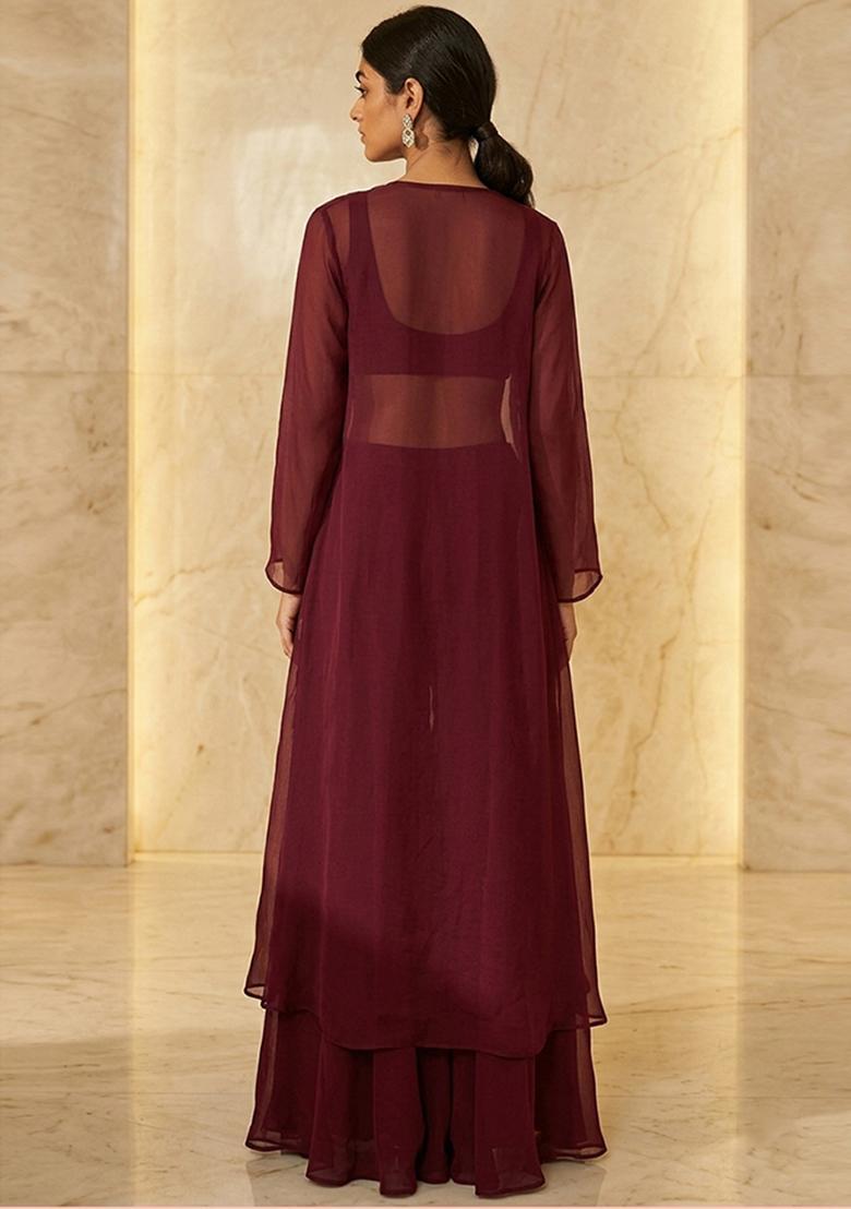 Deep Mauve Embroidered Handwork Fusion Set - Indya