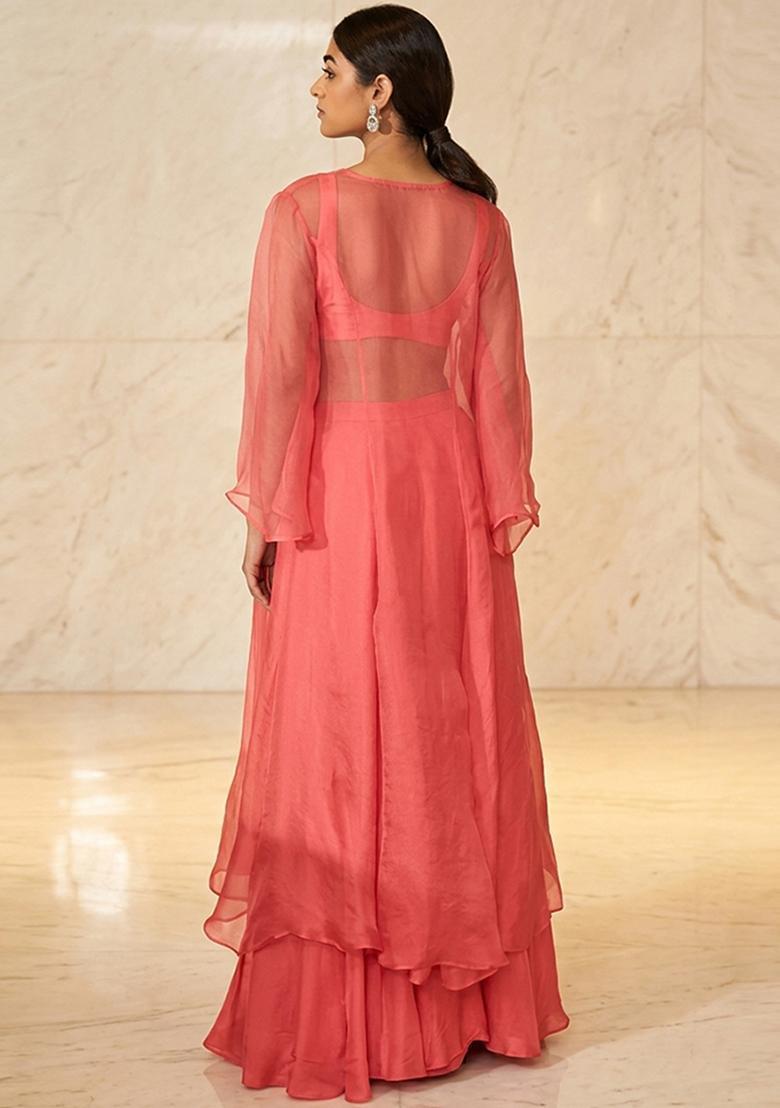 Coral Embroidered Handwork Fusion Set - Indya