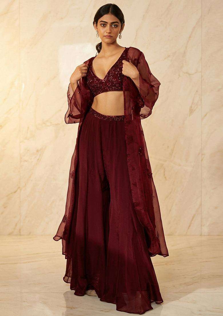 Deep Wine Embroidered Handwork Fusion Set - Indya