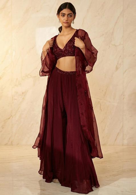 Deep Wine Embroidered Handwork Fusion Set
