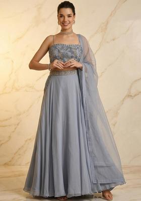 Steel Blue Embroidered Handwork Lehenga Set