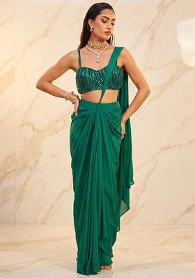 Emerald Green Embroidered Handwork Pre Draped Saree Set