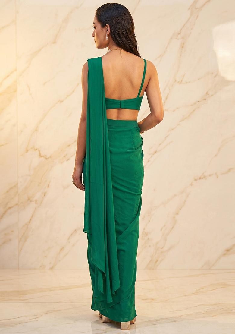Emerald Green Embroidered Handwork Pre Draped Saree Set - Indya