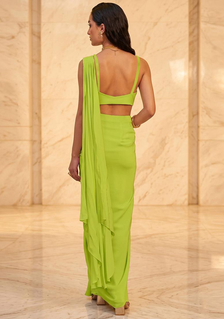 Lime Green Embroidered Handwork Pre Draped Saree Set - Indya