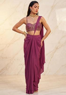 Magenta Embroidered Handwork Pre Draped Saree Set