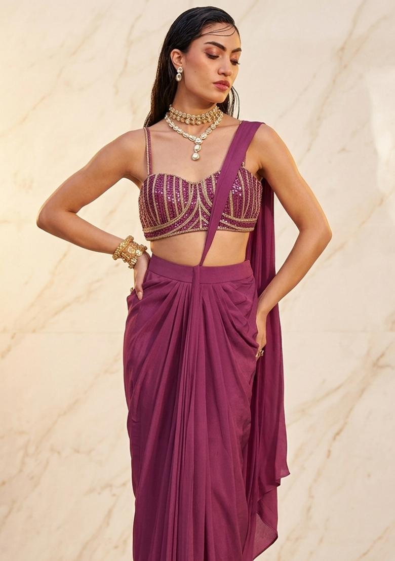 Magenta Embroidered Handwork Pre Draped Saree Set - Indya