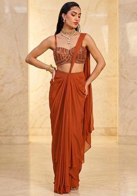 Rust Orange Embroidered Handwork Pre Draped Saree Set