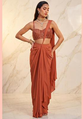 Pink Embroidered Handwork Pre Draped Saree Set
