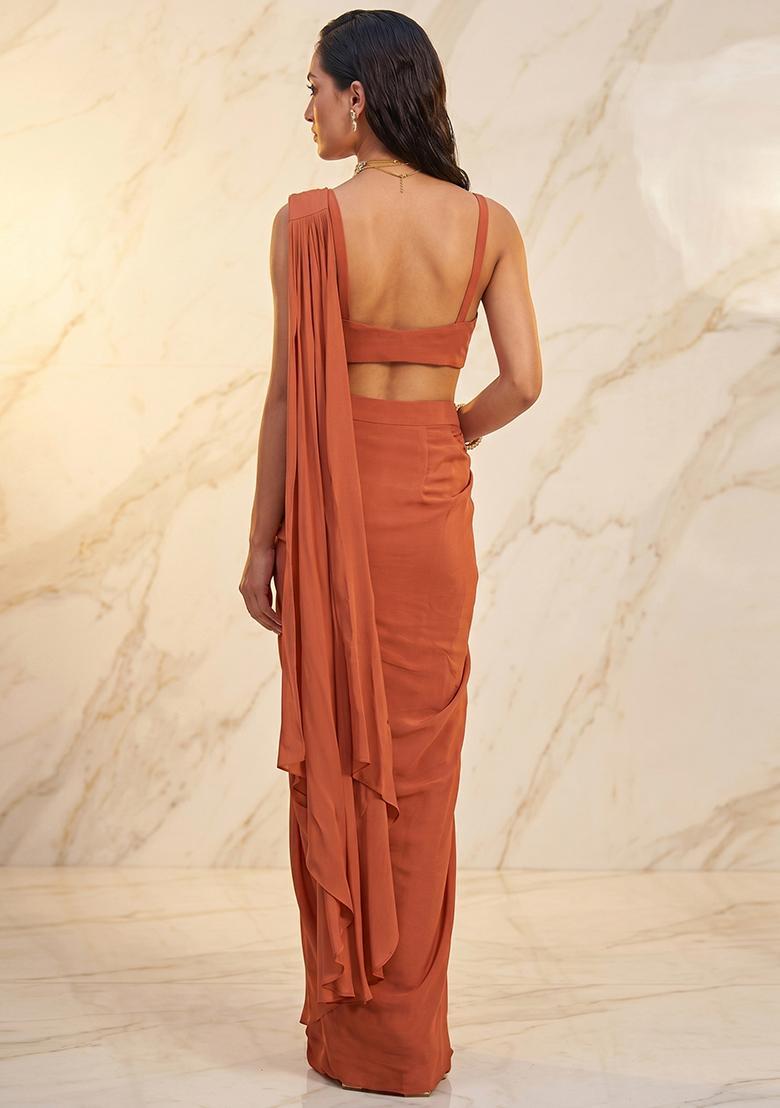 Pink Embroidered Handwork Pre Draped Saree Set - Indya