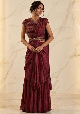 Burgundy Embroidered Handwork Pre Draped Saree Set