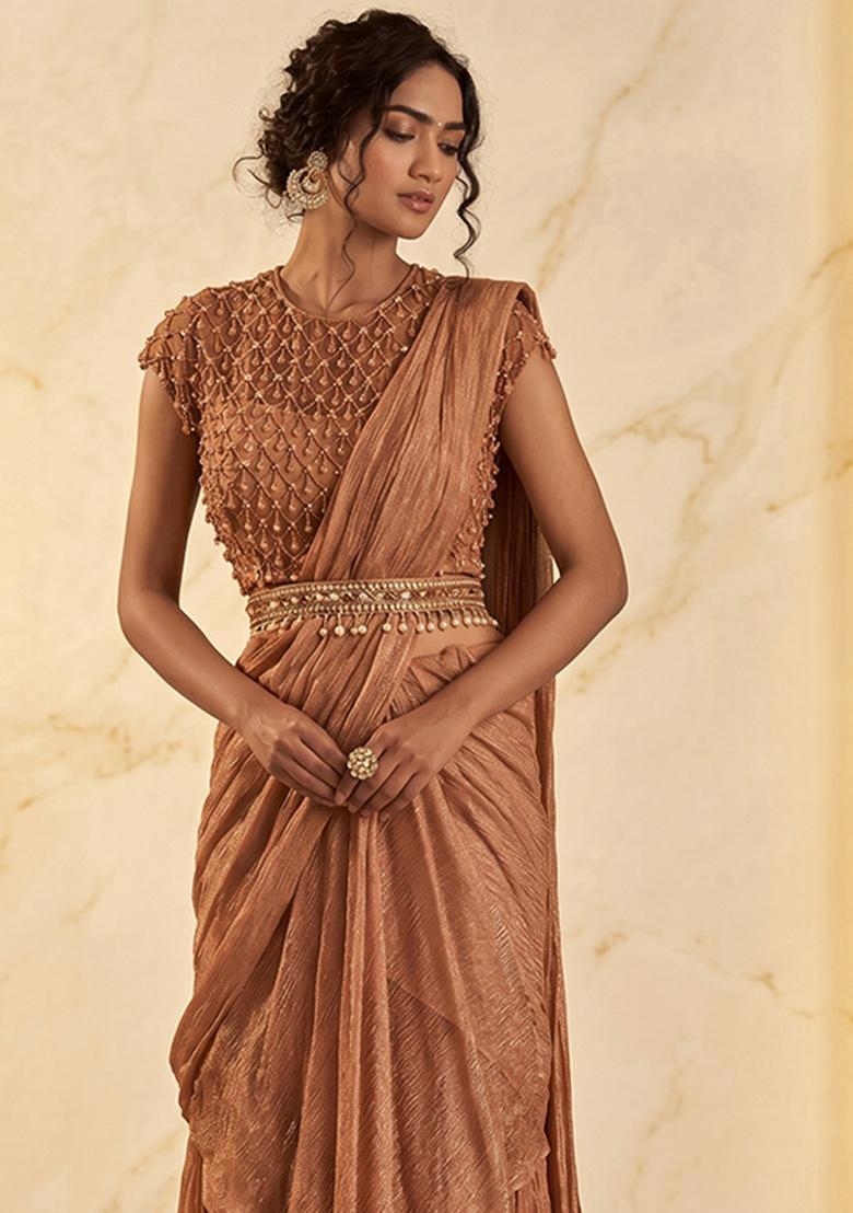 Copper Embroidered Handwork Pre Draped Saree Set - Indya
