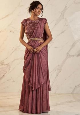 Mauve Embroidered Handwork Pre Draped Saree Set