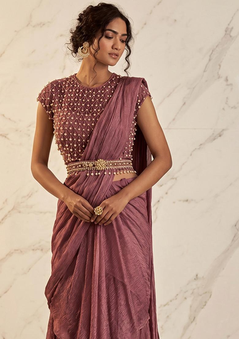 Mauve Embroidered Handwork Pre Draped Saree Set - Indya