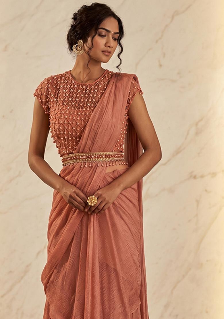 Peach Embroidered Handwork Pre Draped Saree Set - Indya