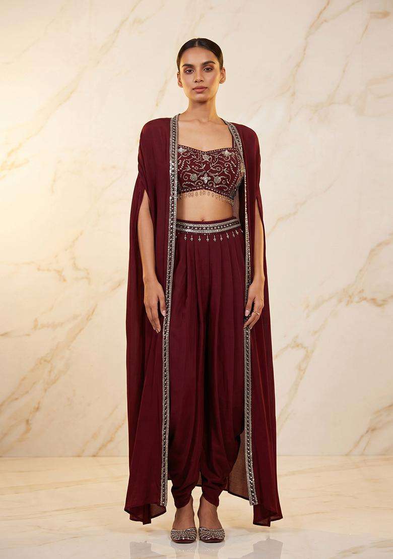 Burgundy Embroidered Handwork Fusion Set - Indya