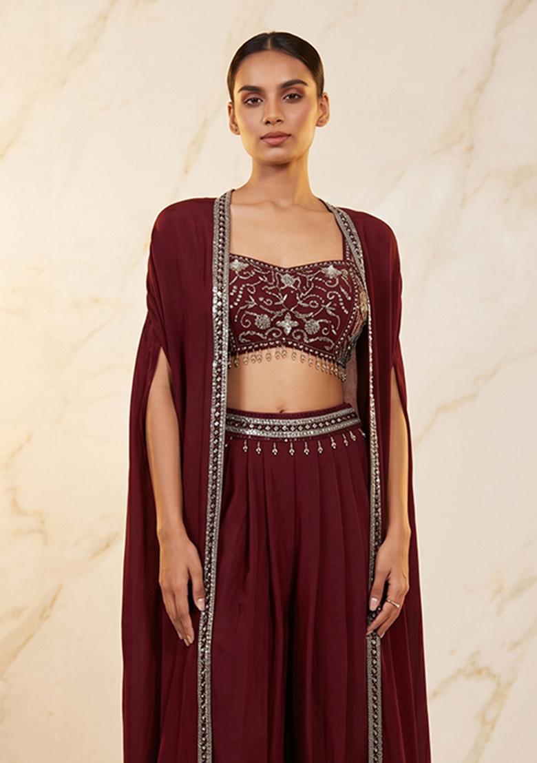 Burgundy Embroidered Handwork Fusion Set - Indya