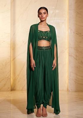 Bottle Green Embroidered Handwork Fusion Set