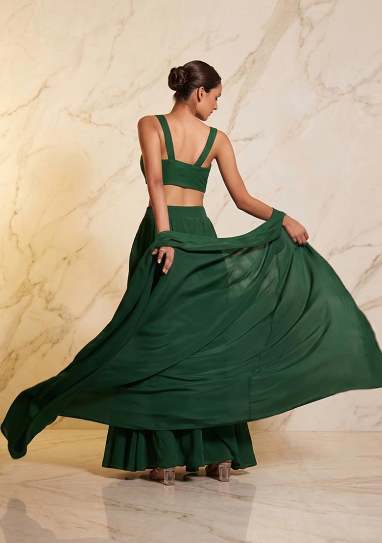 Bottle Green Embroidered Handwork Fusion Set - Indya