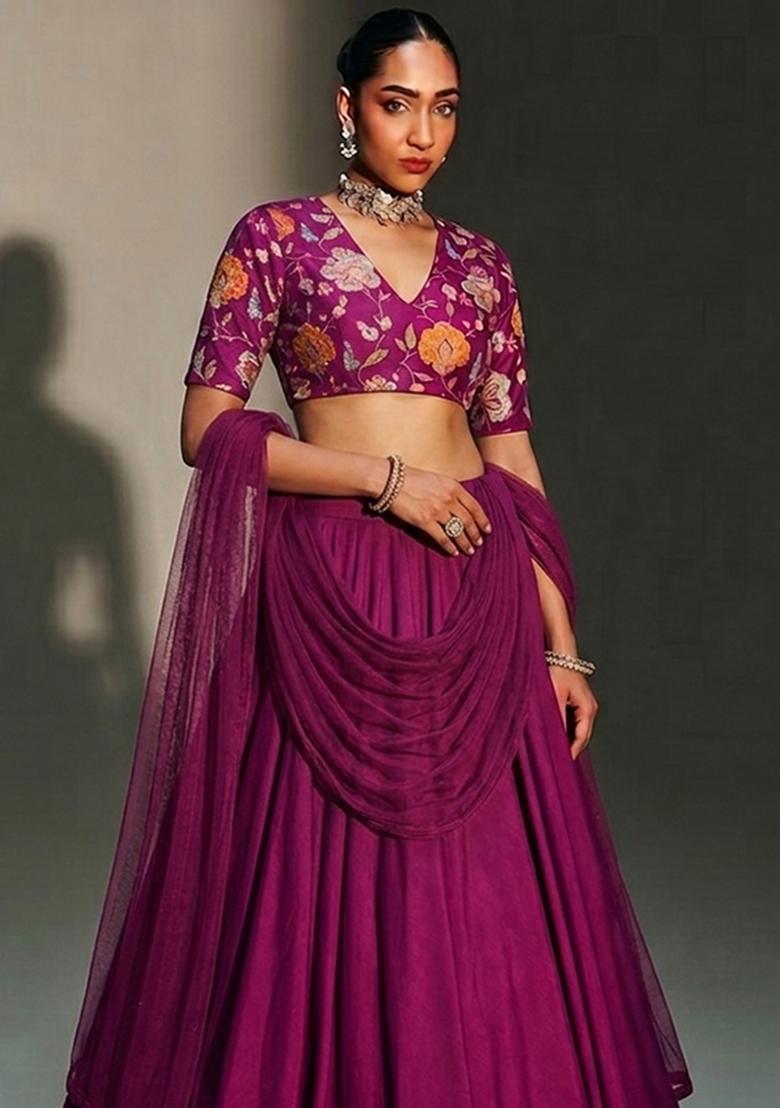 Byzantium Purple Printed Organza Lehenga Set - Indya