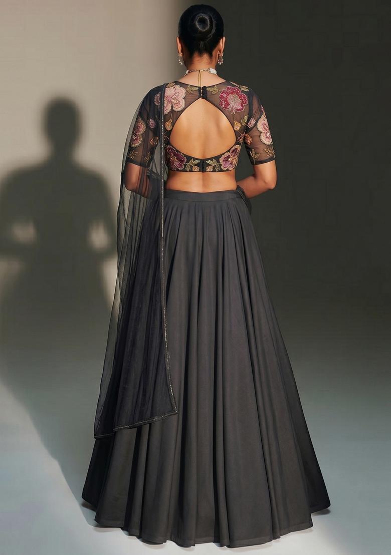 Charcoal Grey Printed Organza Lehenga Set - Indya