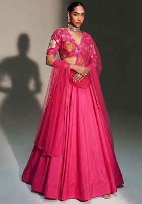 Magenta Pink Printed Organza Lehenga Set